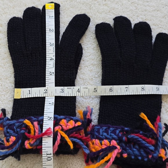 Vintage Black Knit Gloves Colorful Tassel Fringe Cuff Warm Winter Cozy - Picture 2 of 9